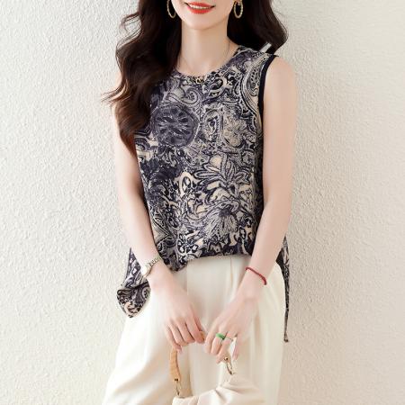 BY19740# 蓝田生烟真丝夏季清凉衫青花瓷纹印花后开叉无袖上衣女 服裝批發女裝批發服飾貨源
