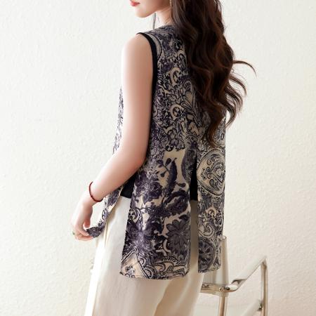 BY19740# 蓝田生烟真丝夏季清凉衫青花瓷纹印花后开叉无袖上衣女 服裝批發女裝批發服飾貨源