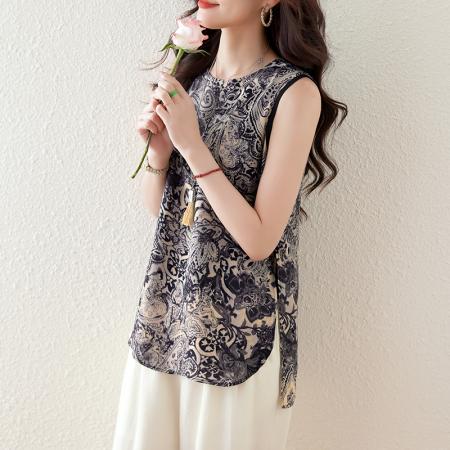 BY19740# 蓝田生烟真丝夏季清凉衫青花瓷纹印花后开叉无袖上衣女 服裝批發女裝批發服飾貨源