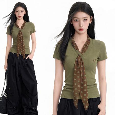 BY19744# 波点丝巾V领短袖女夏季新款修 服裝批發女裝批發服飾貨源