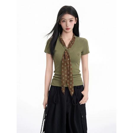 BY19744# 波点丝巾V领短袖女夏季新款修 服裝批發女裝批發服飾貨源