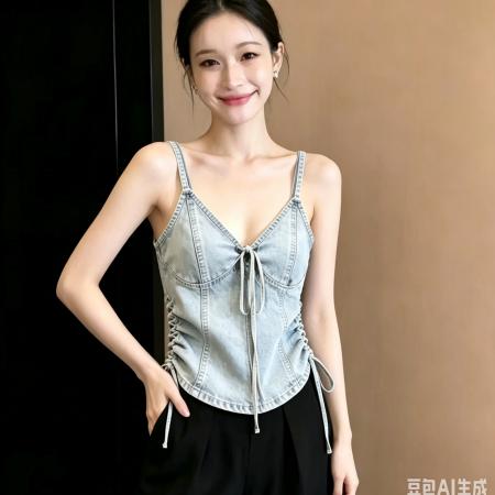 BY19746# 浅蓝色牛仔吊带上衣女春季气质高级感时髦洋气巨好看系带背心 服裝批發女裝批發服飾貨源