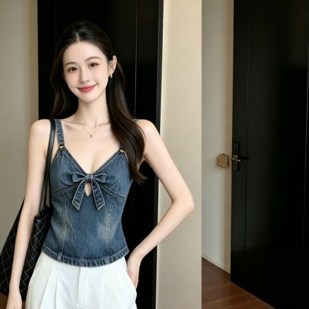 BY19747# 春季绝美巨好看独特漂亮时髦洋气蝴蝶结蓝色牛仔吊带背心上衣 服裝批發女裝批發服飾貨源