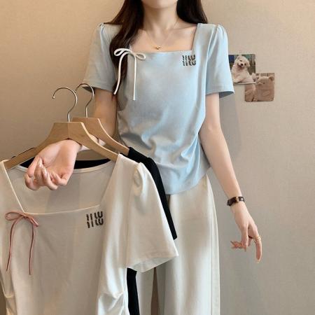 BY19749# 棉夏季新款遮肉显瘦减龄方领短袖T恤上衣 服裝批發女裝批發服飾貨源