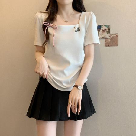BY19749# 棉夏季新款遮肉显瘦减龄方领短袖T恤上衣 服裝批發女裝批發服飾貨源