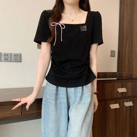 BY19749# 棉夏季新款遮肉显瘦减龄方领短袖T恤上衣 服裝批發女裝批發服飾貨源
