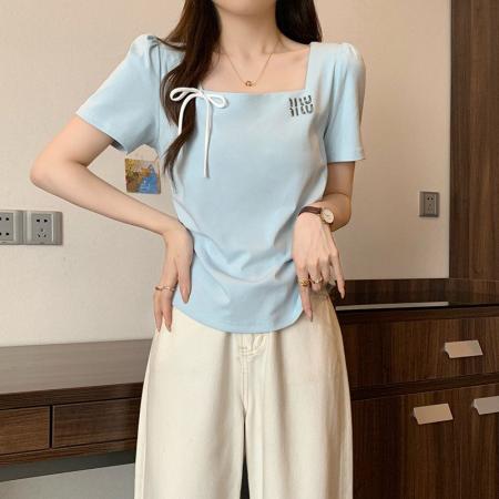 BY19749# 棉夏季新款遮肉显瘦减龄方领短袖T恤上衣 服裝批發女裝批發服飾貨源