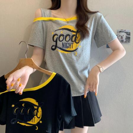 BY19750# 棉夏季收腰遮肚露肩拼色斜领上衣 服裝批發女裝批發服飾貨源
