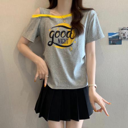 BY19750# 棉夏季收腰遮肚露肩拼色斜领上衣 服裝批發女裝批發服飾貨源
