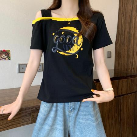 BY19750# 棉夏季收腰遮肚露肩拼色斜领上衣 服裝批發女裝批發服飾貨源