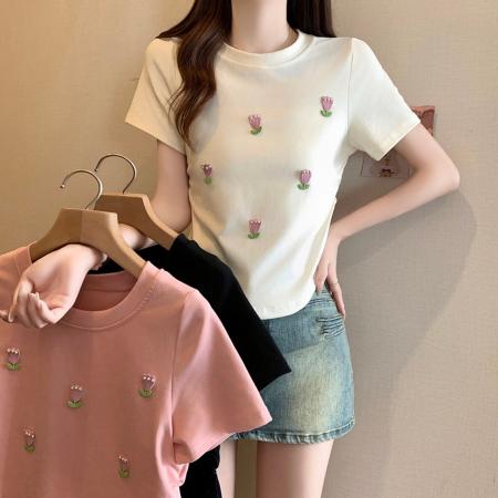 BY19751# 棉夏季短袖T恤女甜美风立体花朵修身显瘦上衣 服裝批發女裝批發服飾貨源