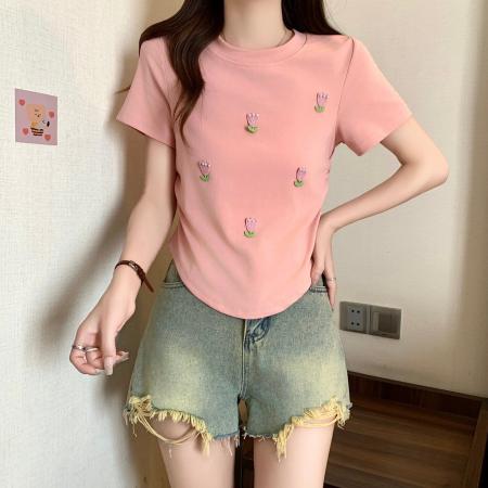 BY19751# 棉夏季短袖T恤女甜美风立体花朵修身显瘦上衣 服裝批發女裝批發服飾貨源