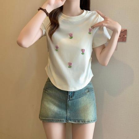 BY19751# 棉夏季短袖T恤女甜美风立体花朵修身显瘦上衣 服裝批發女裝批發服飾貨源