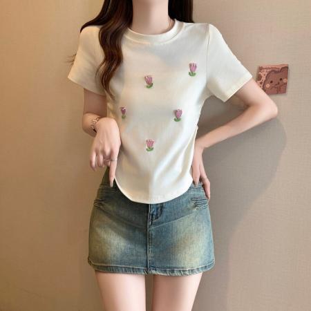 BY19751# 棉夏季短袖T恤女甜美风立体花朵修身显瘦上衣 服裝批發女裝批發服飾貨源