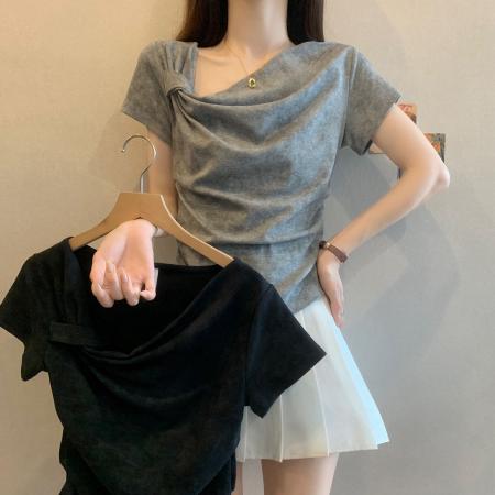 BY19752# 精棉夏季扎染设计收腰显瘦斜肩上衣 服裝批發女裝批發服飾貨源