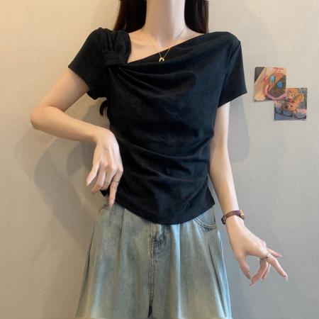 BY19752# 精棉夏季扎染设计收腰显瘦斜肩上衣 服裝批發女裝批發服飾貨源