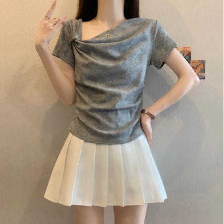 BY19752# 精棉夏季扎染设计收腰显瘦斜肩上衣 服裝批發女裝批發服飾貨源