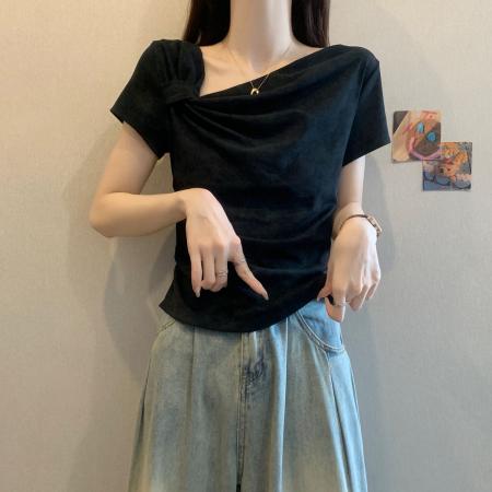 BY19752# 精棉夏季扎染设计收腰显瘦斜肩上衣 服裝批發女裝批發服飾貨源