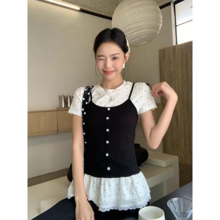 BY19759# 宋正恩假两件正肩短袖t恤女夏季芭蕾风修身显瘦百搭绝美波点上衣 服裝批發女裝批發服飾貨源