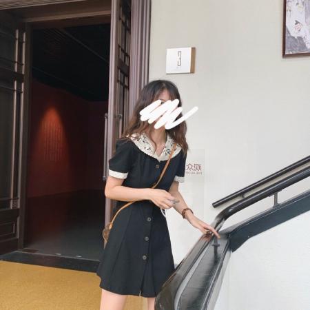 BY19762# 大吹女小精致法式连衣裙复古蕾丝大翻领赫本风小黑裙 服裝批發女裝批發服飾貨源
