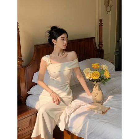 BY19763# 高级气质晚礼服白色长裙法式生日小礼服宴会连衣裙女裙子 服裝批發女裝批發服飾貨源