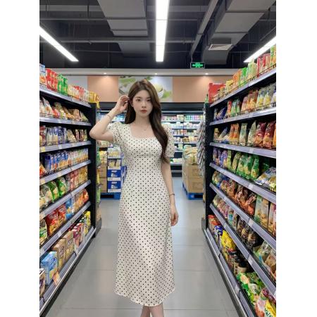 BY19772# 欧洲站夏季新款海边度假长裙法式绝美气质方领白色波点连衣裙 服裝批發女裝批發服飾貨源