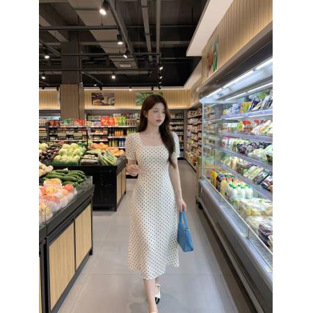 BY19772# 欧洲站夏季新款海边度假长裙法式绝美气质方领白色波点连衣裙 服裝批發女裝批發服飾貨源