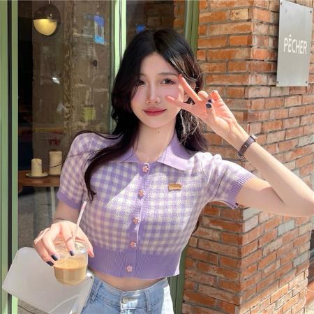 BY19777# 单排扣短款格子POLO领开衫上衣女夏小清新短袖针织T恤显瘦潮 服裝批發女裝批發服飾貨源