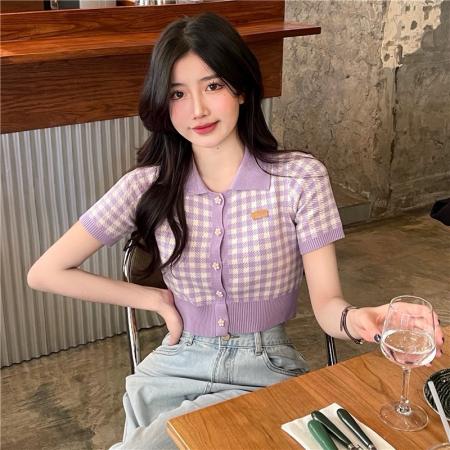 BY19777# 单排扣短款格子POLO领开衫上衣女夏小清新短袖针织T恤显瘦潮 服裝批發女裝批發服飾貨源