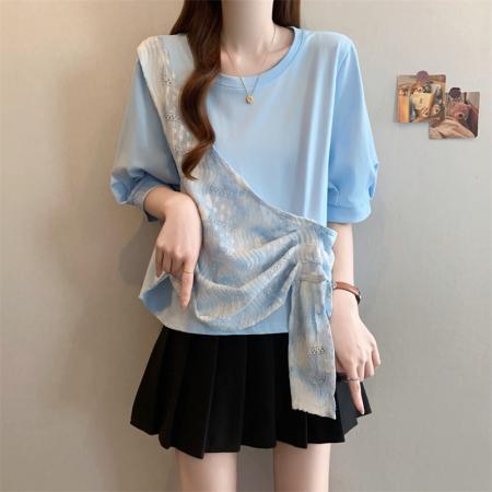 BY19780# 大码胖MM新款扎染假两件不规则T恤女宽松显瘦上衣 服裝批發女裝批發服飾貨源