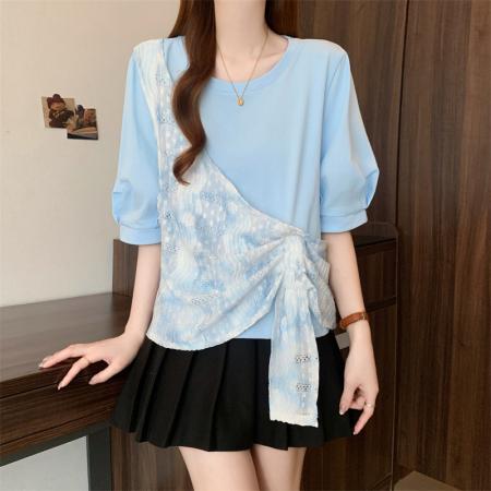 BY19780# 大码胖MM新款扎染假两件不规则T恤女宽松显瘦上衣 服裝批發女裝批發服飾貨源