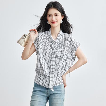 夏季新款格子衬衫女飘带衬衣短袖法式小飞袖上衣 服裝批發女裝批發服飾貨源