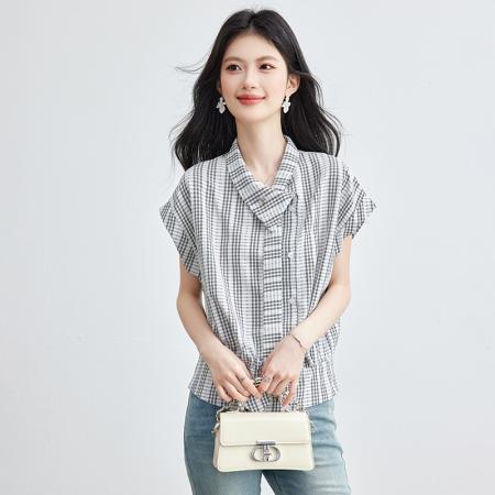 BY19787# 夏季新款格子衬衫女飘带衬衣短袖法式小飞袖上衣 服裝批發女裝批發服飾貨源