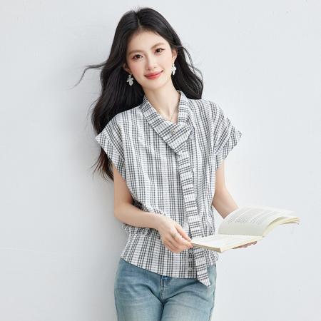 BY19787# 夏季新款格子衬衫女飘带衬衣短袖法式小飞袖上衣 服裝批發女裝批發服飾貨源