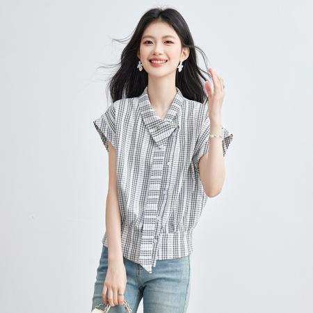 BY19787# 夏季新款格子衬衫女飘带衬衣短袖法式小飞袖上衣 服裝批發女裝批發服飾貨源
