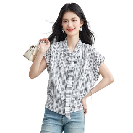 BY19787# 夏季新款格子衬衫女飘带衬衣短袖法式小飞袖上衣 服裝批發女裝批發服飾貨源