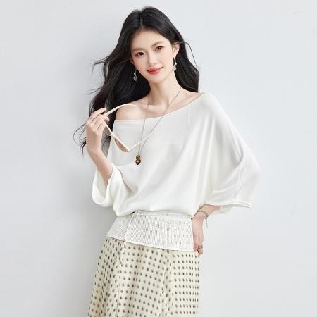 夏季新款蝙蝠袖绑带收腰显瘦针织T恤短袖荷叶边 服裝批發女裝批發服飾貨源