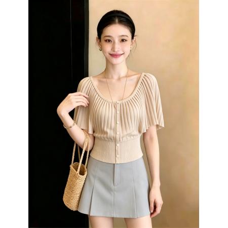 BY19790# 有货夏季新品风琴褶大圆领针织上衣 服裝批發女裝批發服飾貨源