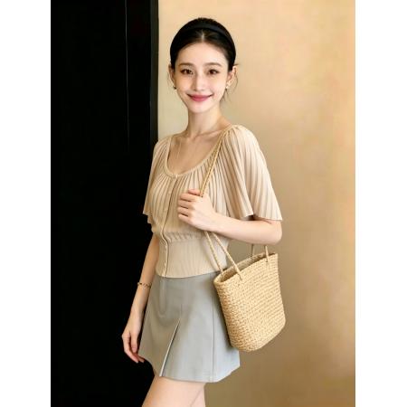 BY19790# 有货夏季新品风琴褶大圆领针织上衣 服裝批發女裝批發服飾貨源