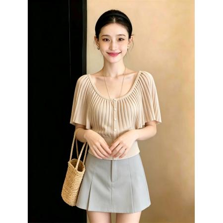BY19790# 有货夏季新品风琴褶大圆领针织上衣 服裝批發女裝批發服飾貨源