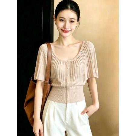 BY19790# 有货夏季新品风琴褶大圆领针织上衣 服裝批發女裝批發服飾貨源