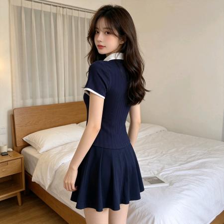 BY19793# 深蓝韵调纯欲假两件短袖连衣裙女夏季高腰修身裙子 服裝批發女裝批發服飾貨源