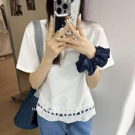 BY19806# 夏装大码女装镂空花边拼接短袖T恤休闲宽松上衣 服裝批發女裝批發服飾貨源