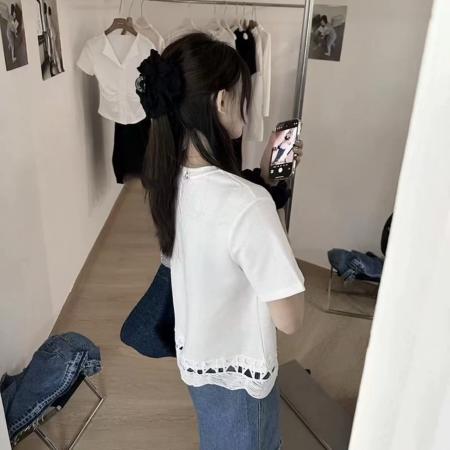 BY19806# 夏装大码女装镂空花边拼接短袖T恤休闲宽松上衣 服裝批發女裝批發服飾貨源