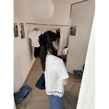 BY19806# 夏装大码女装镂空花边拼接短袖T恤休闲宽松上衣 服裝批發女裝批發服飾貨源