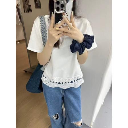 BY19806# 夏装大码女装镂空花边拼接短袖T恤休闲宽松上衣 服裝批發女裝批發服飾貨源