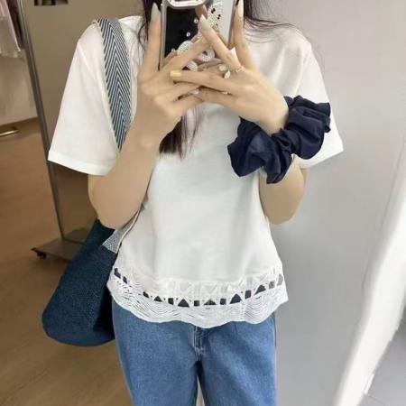BY19806# 夏装大码女装镂空花边拼接短袖T恤休闲宽松上衣 服裝批發女裝批發服飾貨源