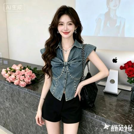 个性纽扣式复古牛仔背心女夏季款荷叶边V领修身短款重工上衣 服裝批發女裝批發服飾貨源