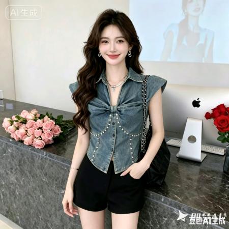 BY19818# 个性纽扣式复古牛仔背心女夏季款荷叶边V领修身短款重工上衣 服裝批發女裝批發服飾貨源