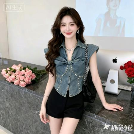 BY19818# 个性纽扣式复古牛仔背心女夏季款荷叶边V领修身短款重工上衣 服裝批發女裝批發服飾貨源